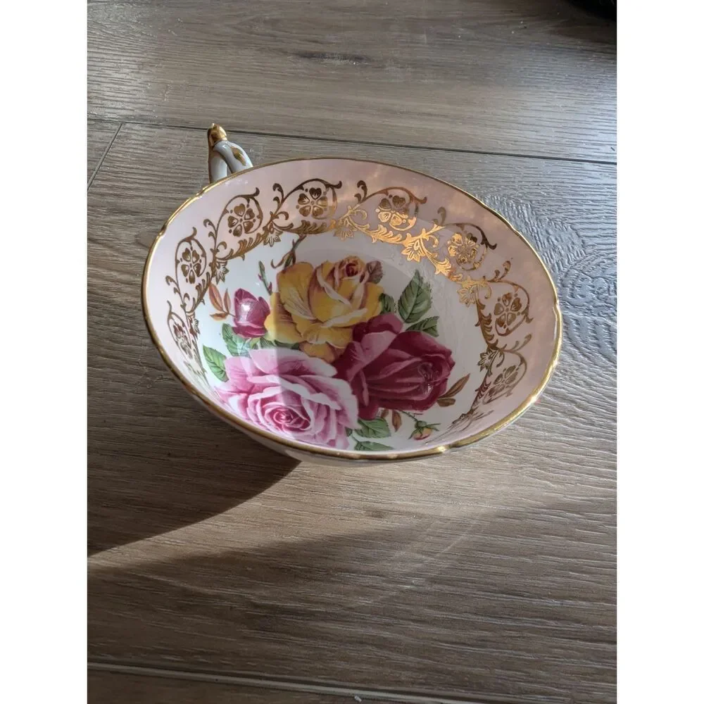 Vintage Paragon Pink Interior Cabbage Rose Teacup w/ Heavy Gold Filigree
